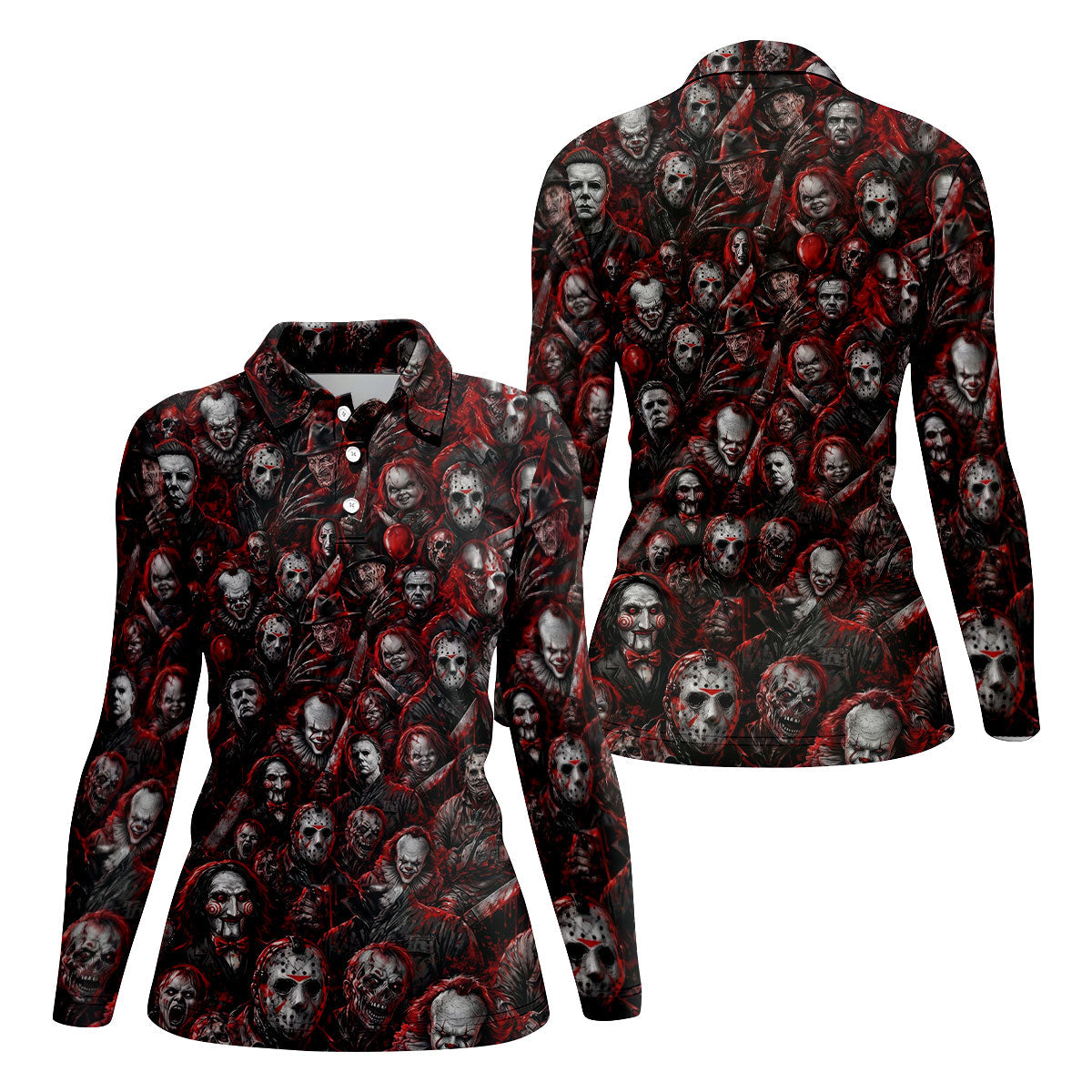 Red Horror Character Clown Collage Golf Polo Shirt, Womens Golf Tops, Ladies Golf Shirts
