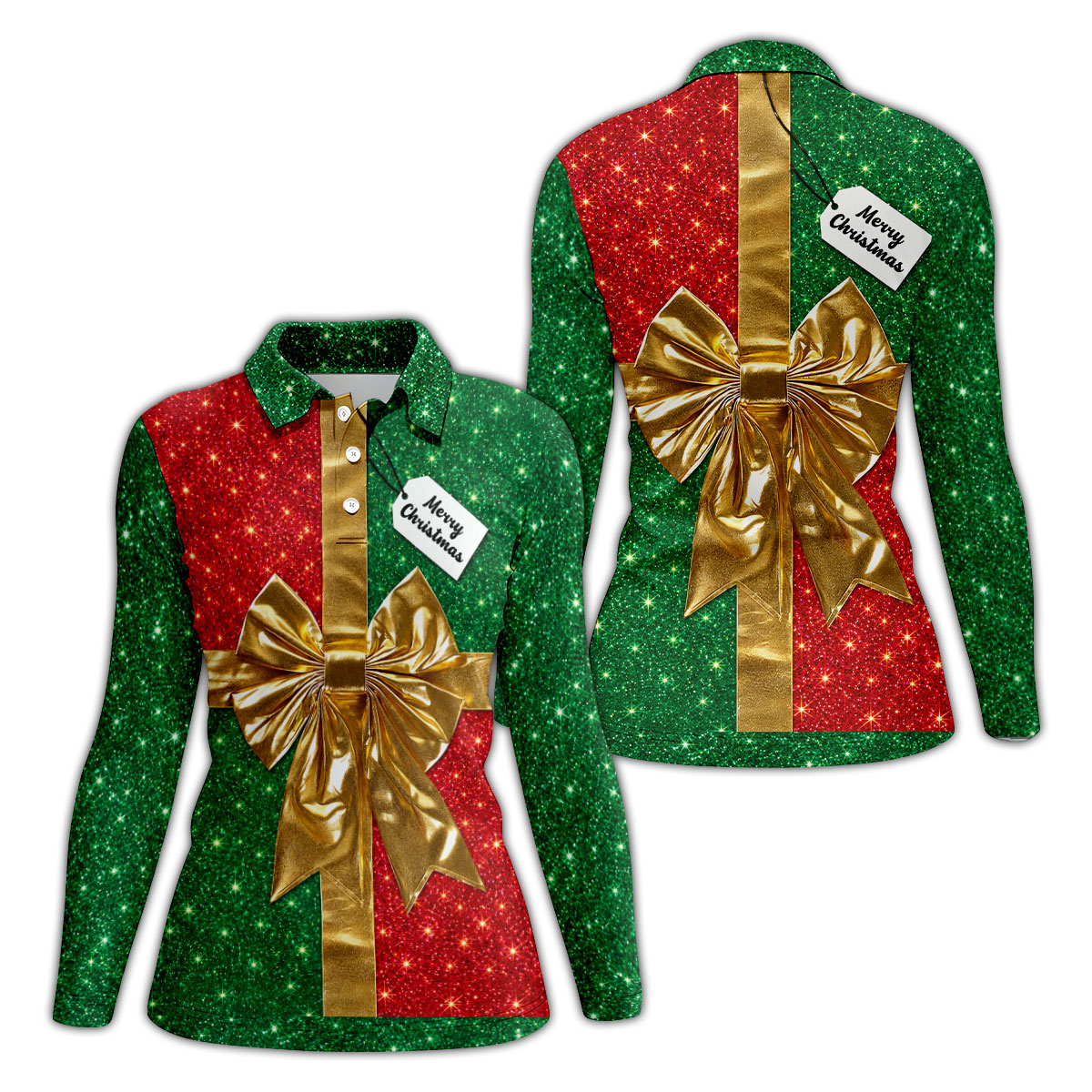 Merry Christmas Golden Gift Bow Golf Polo Shirt, Ladies Golf Shirts, Golf Shirts For Women