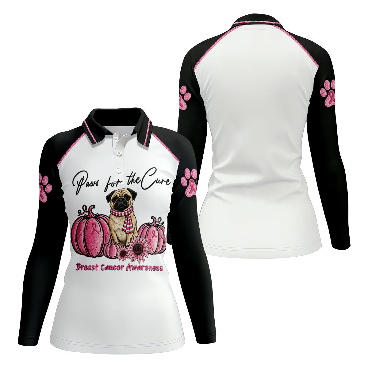 Paws For The Cure Pug Breast Cancer Polo Shirt, Ladies Golf Shirt, Women's Golf Tops