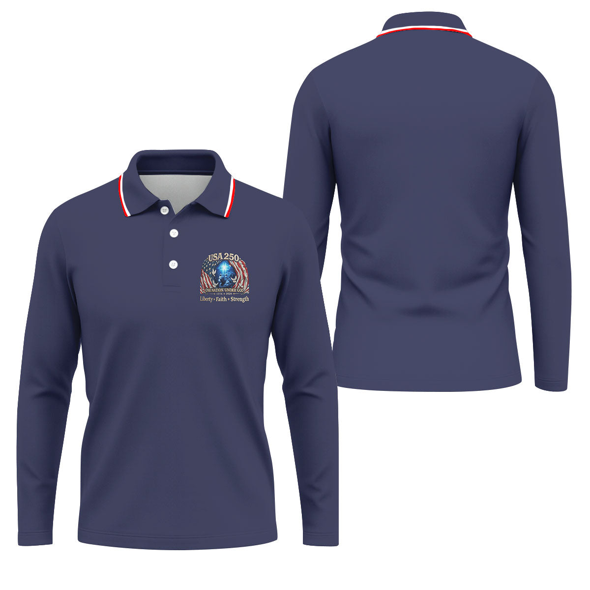 One Nation Under God Faith Cross USA 250 Logo Navy Golf Shirt, 4th Of July Golf Shirts For Men