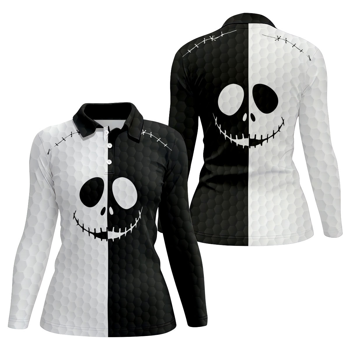 Black White Skull Face Halloween Golf Polo Shirt, Womens Golf Tops, Hawaiian Golf Shirt