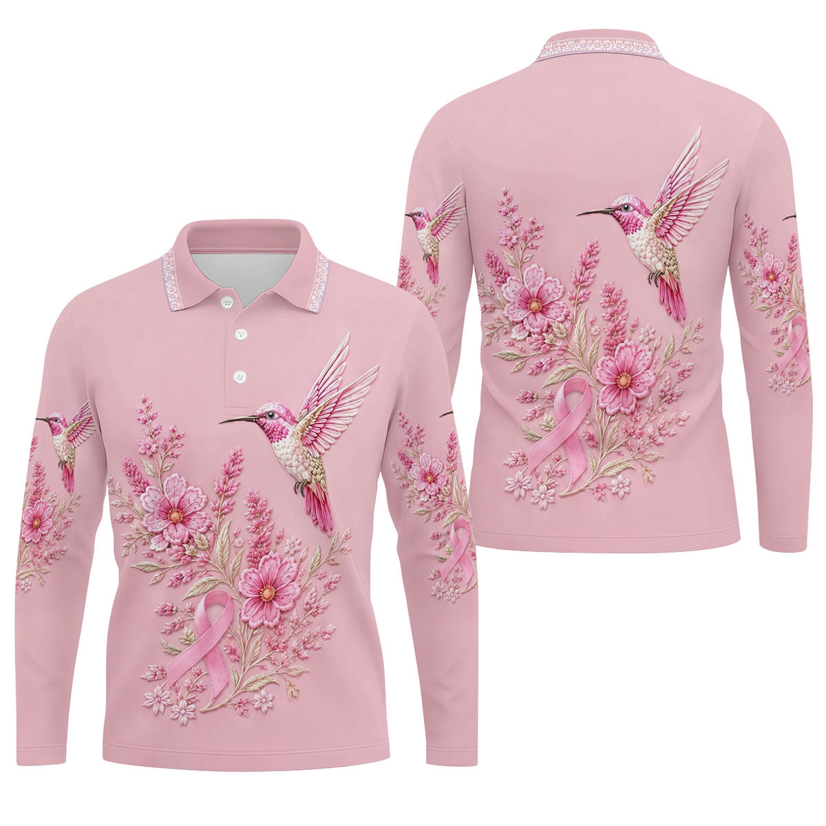 Hummingbird Floral Breast Cancer Ribbon Polo Shirt, Mens Golf Polo, Golf Apparel For Men