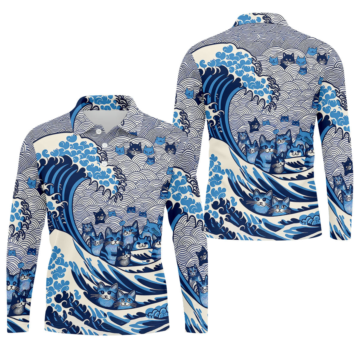 Japanese Wave Cat Hawaiian Golf Shirt, Golf Shirts For Men, Mens Golf Apparel