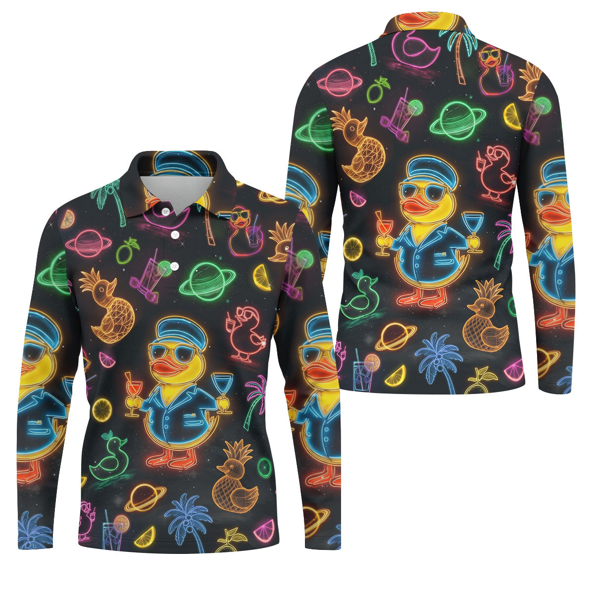 Jet Black Neon Duck Tropical Pattern Hawaiian Golf Shirt, Golf Shirts For Men, Polo Shirts For Men