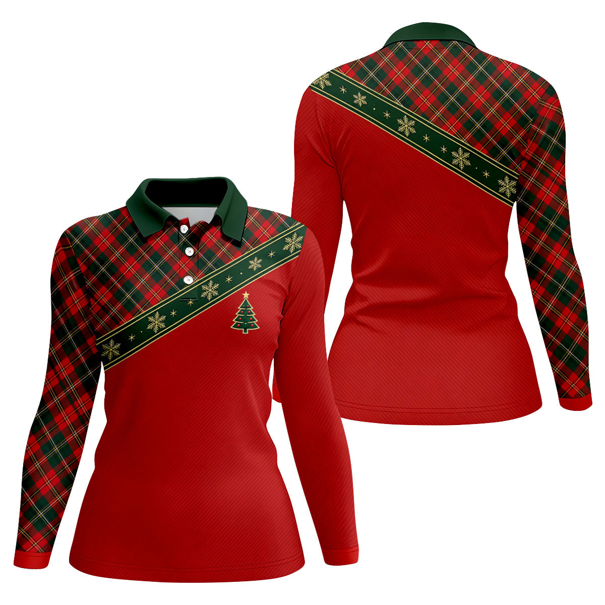 Red Plaid Snowflake Tree Christmas Golf Shirt, Womens Golf Tops, Ladies Golf Shirts