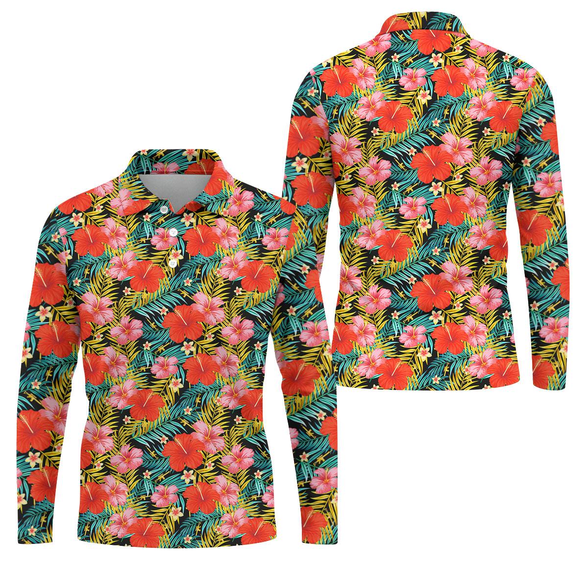 Red Hibicus Gold Palm Leaf Hawaiian Golf Shirt, Summer Theme Golf Shirts For Men