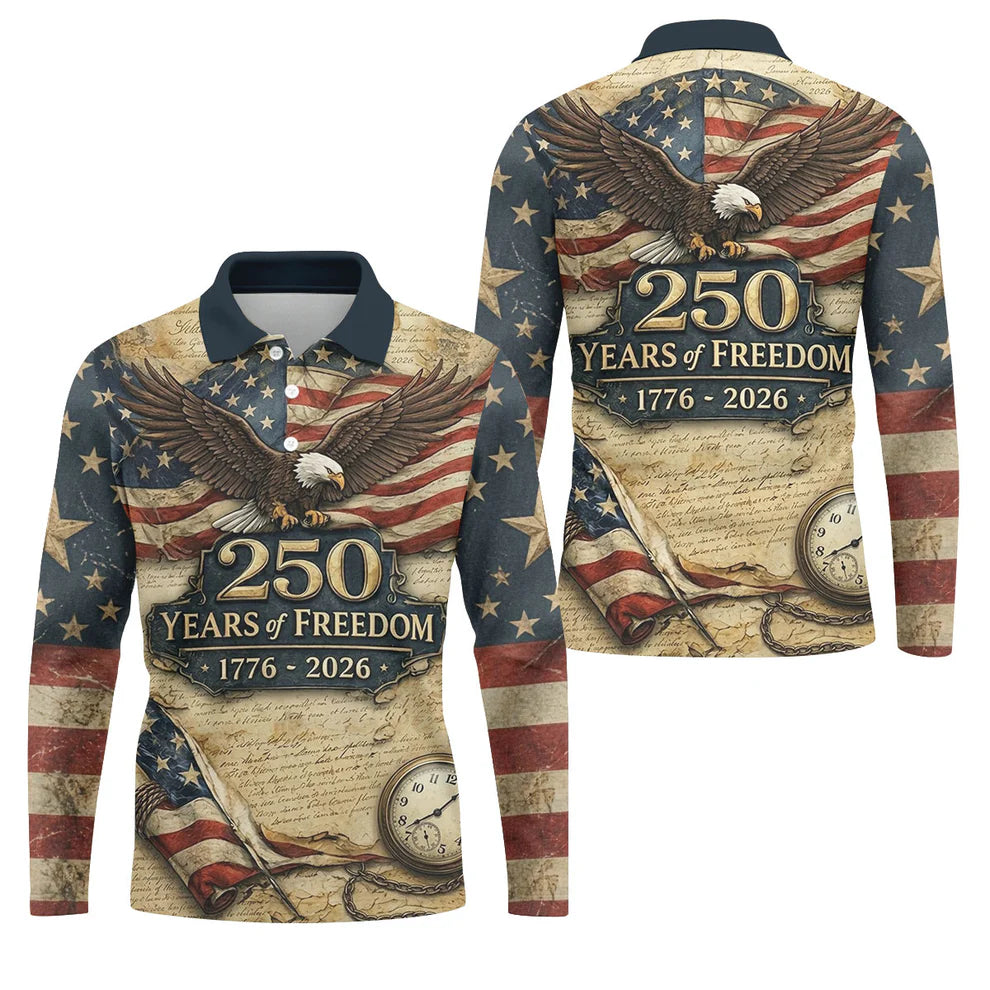 250 Years Of Freedom US Bald Eagle Retro Golf Shirt, Patriotic 4th Of July Golf Shirts For Men