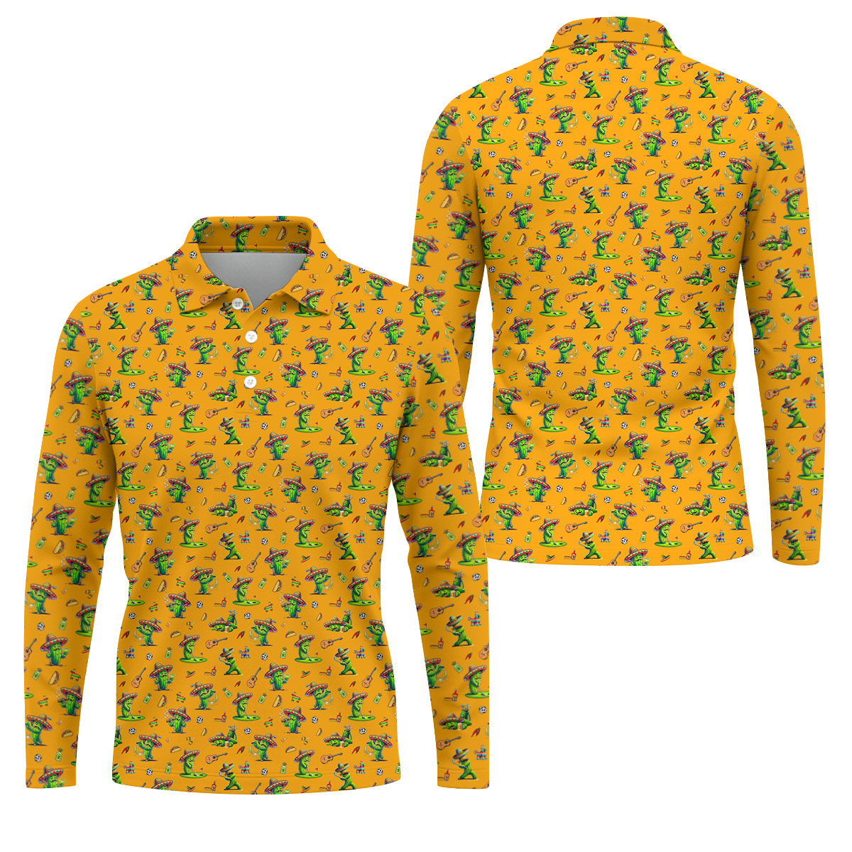 Cartoon Mustach Funny Cactus Cinco De Mayo Celebration Fiesta Themed Orange Golf Shirts For Men