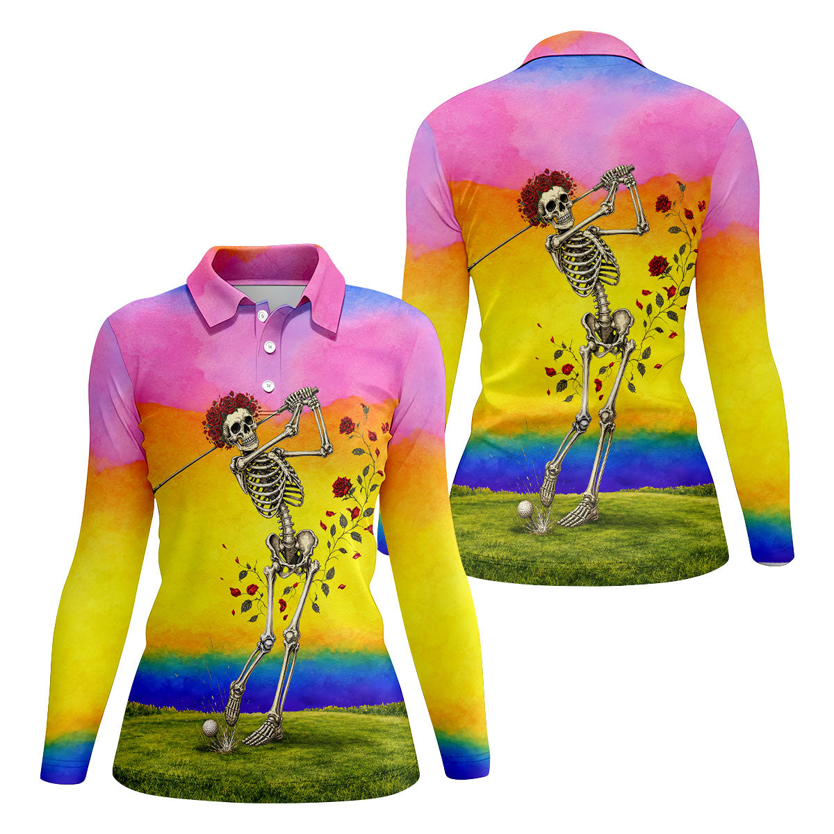 Rainbow Skeleton Golfer Golf Polo Shirt, Women's Golf Polo, Ladies Golf Shirts