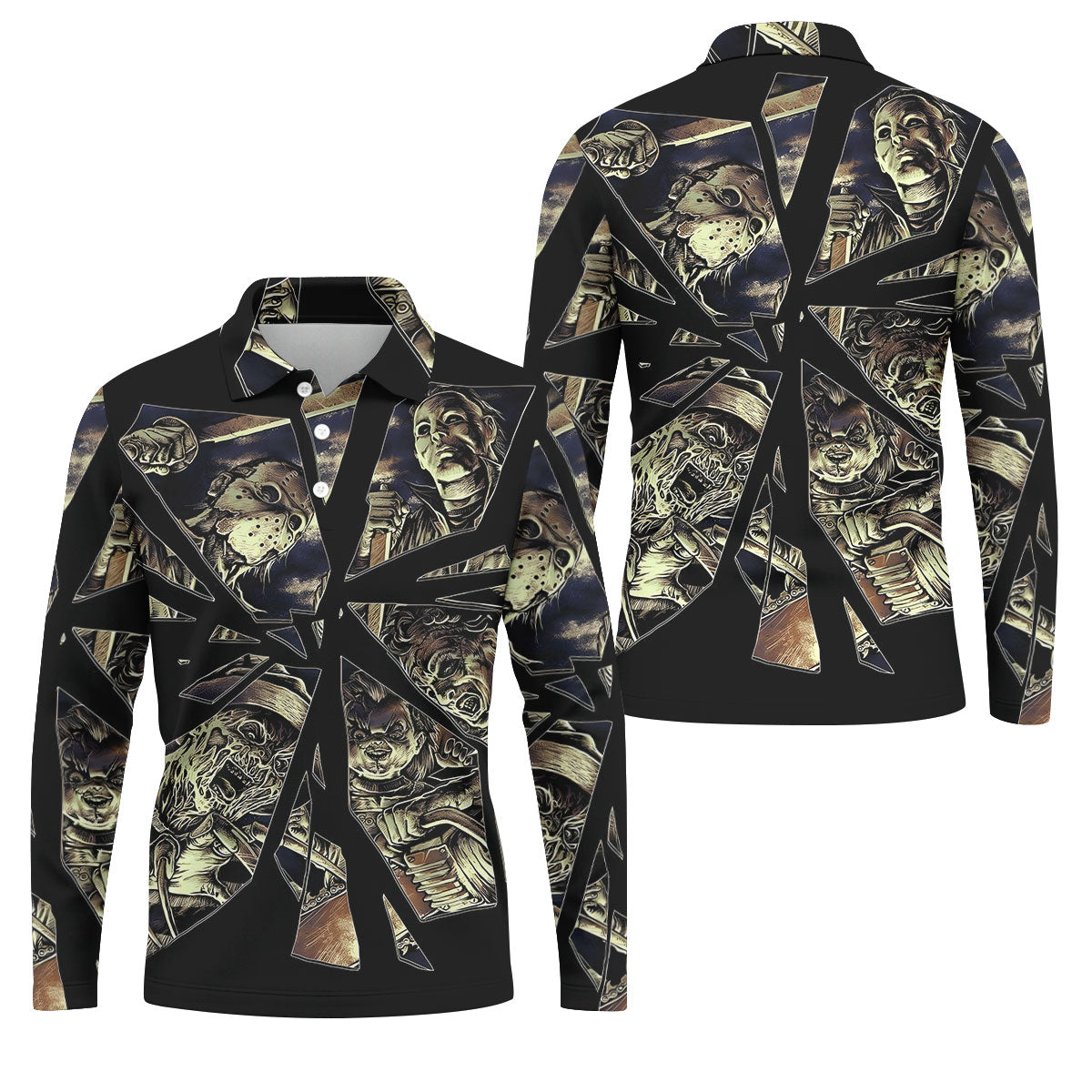 Broken Glass Horror Character Collage Golf Polo Shirt, Mens Golf Shirts, Hawaiian Golf Shirt