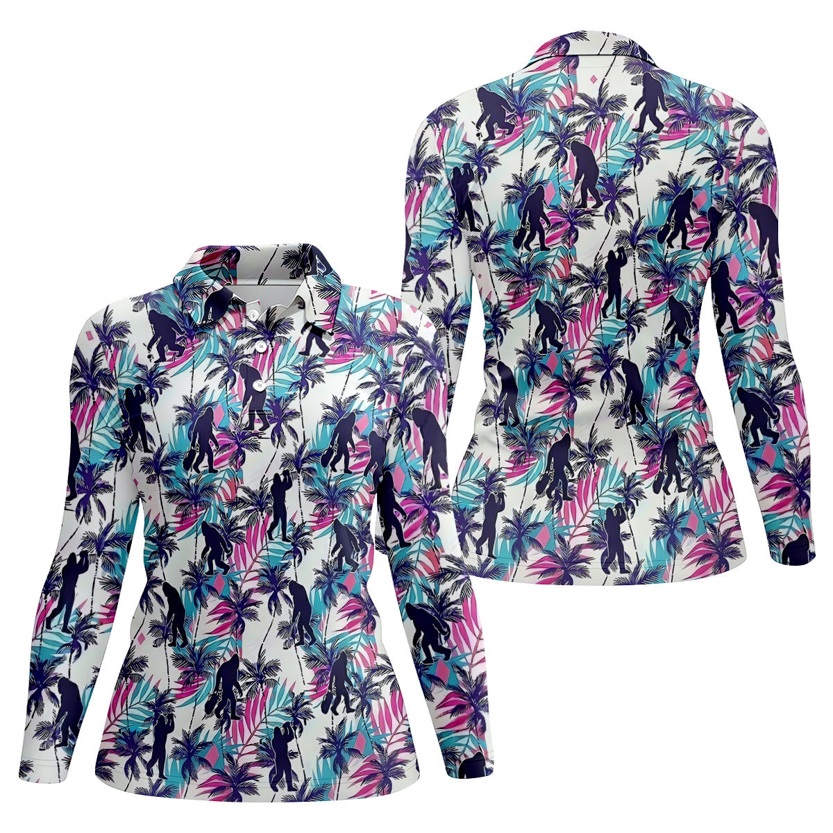 Funny Bigfoot Golfer Tropical Palm Pattern Polo Shirt, Golf Shirts For Women, Ladies Golf Shirts