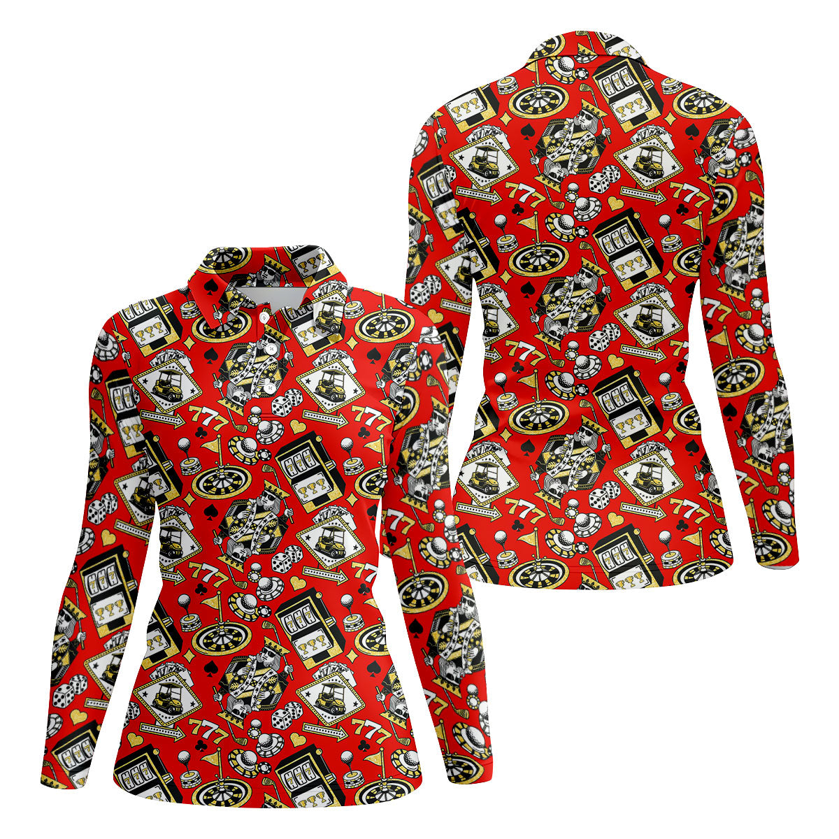 Casino Golf Pattern Red Hawaiian Golf Polo Shirt, Ladies Golf Shirt, Women's Golf Apparel