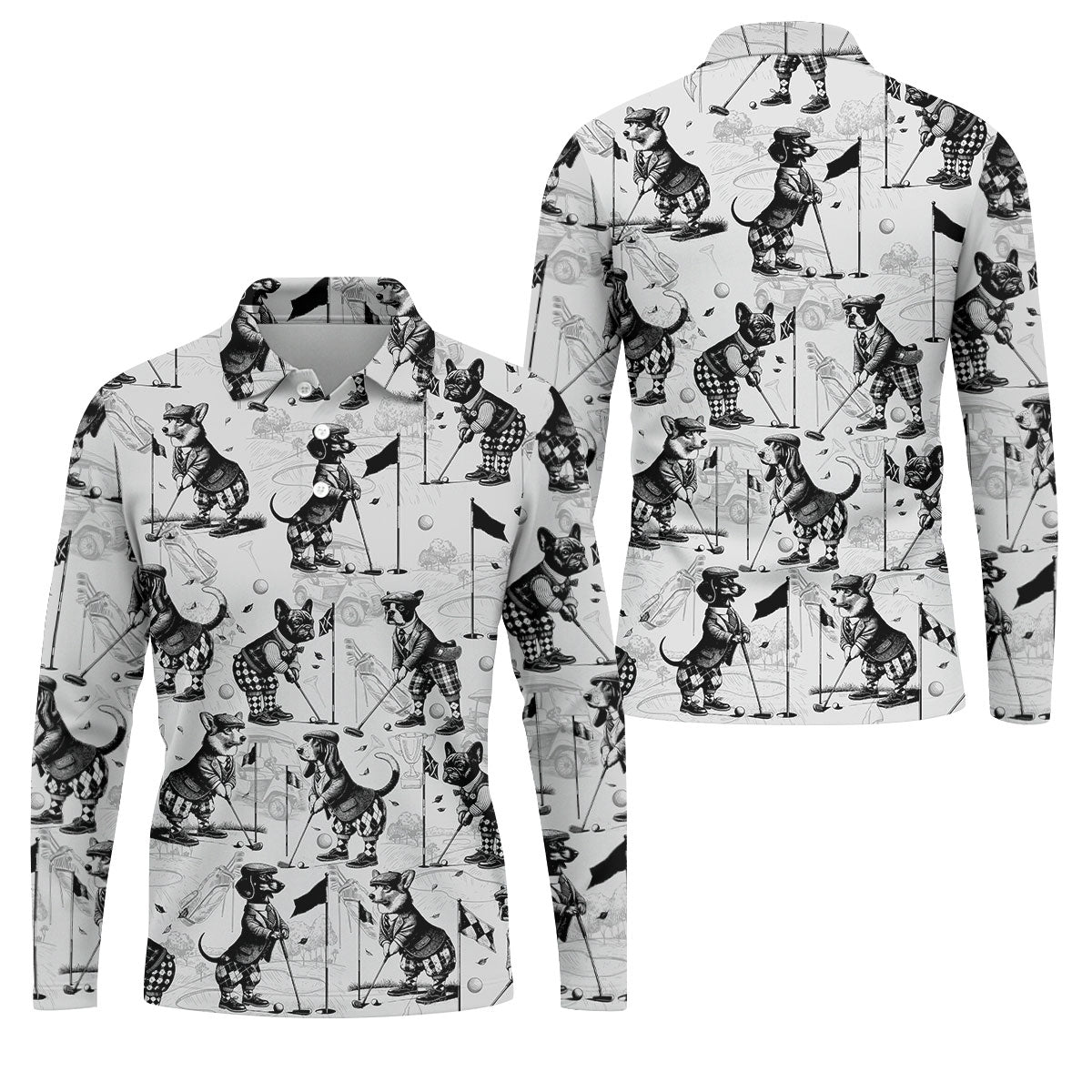Vintage Golfing Dogs Pattern Golf Polo Shirt, Mens Golf Shirts, Golf Apparel For Men