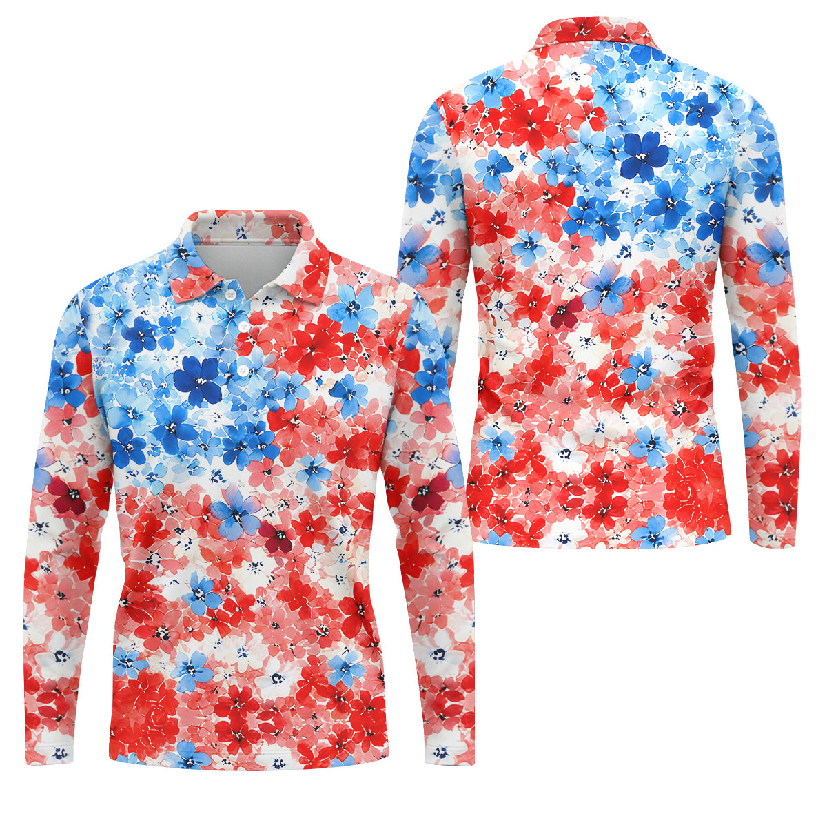 Patriotic Floral Golf Shirt, Red White Blue Blossom Pattern, Golf Shirt For Men