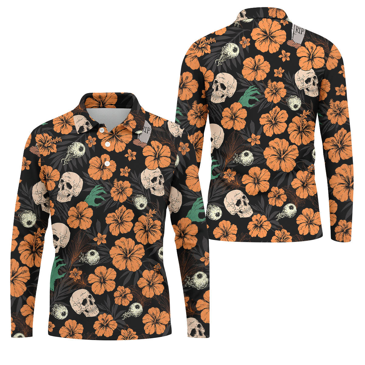Halloween Skull Hibiscus Floral Pattern Golf Polo Shirt, Golf Polo Shirts For Men, Mens Golf Apparel