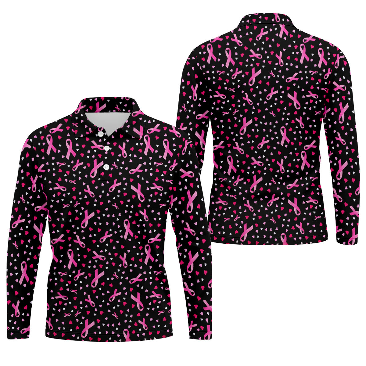 Black Pink Ribbon Heart Breast Cancer Polo Shirt, Golf Shirts For Men, Mens Golf Apparel