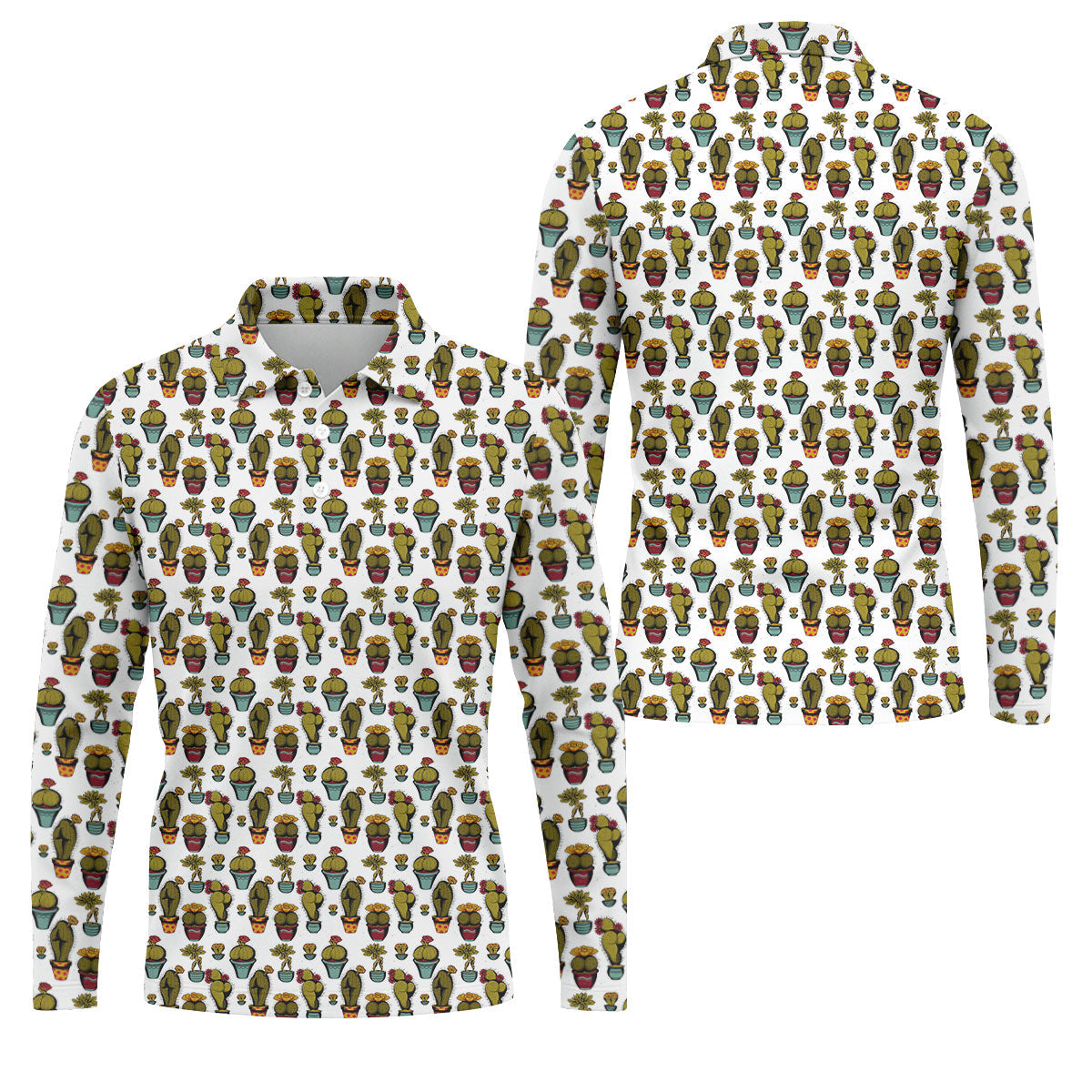 Cute Potted Cactus Pattern Golf Polo Shirt, Golf Apparel For Men, Printed Golf Shirts