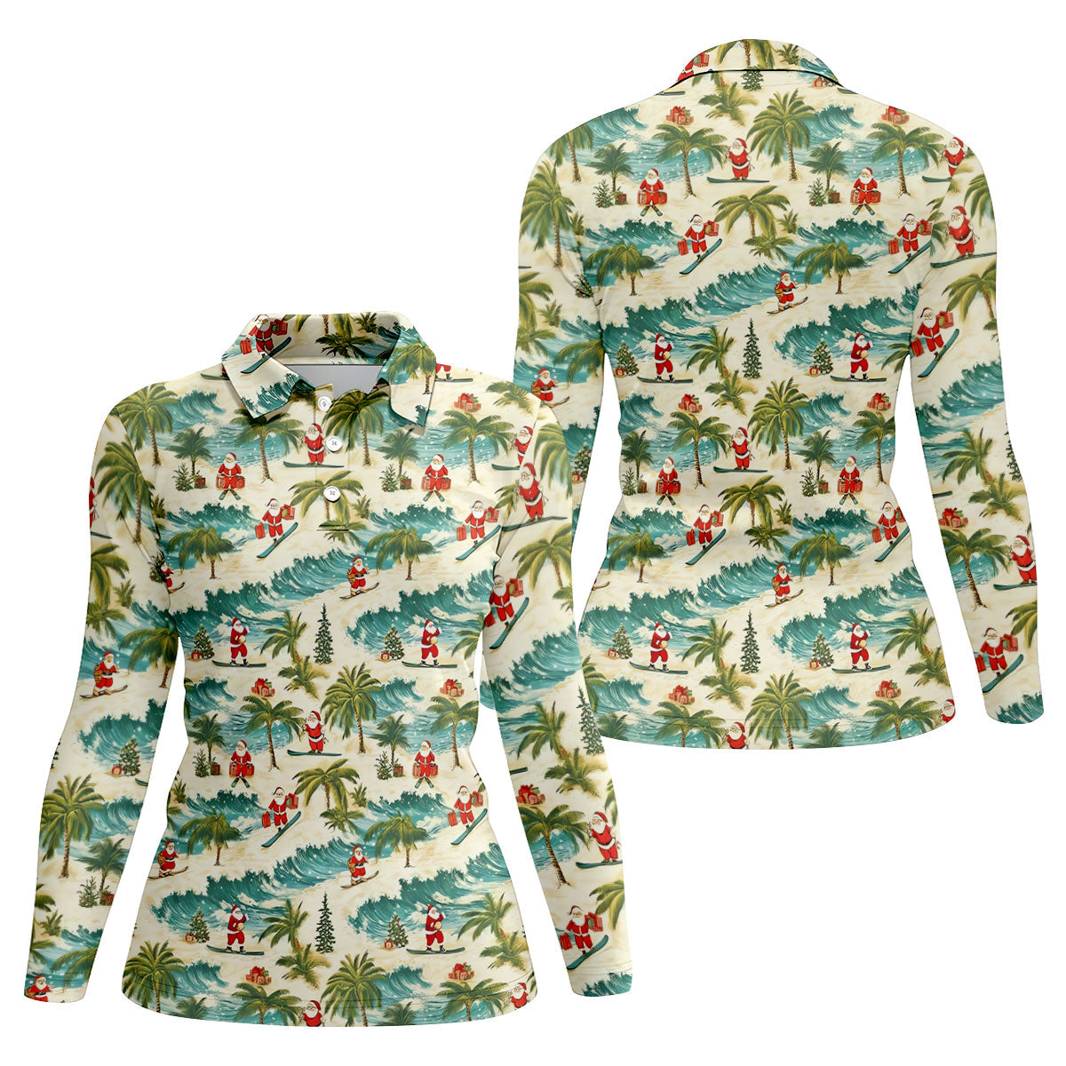 Christmas Santa Surfing Tropical Hawaiian Golf Shirt, Golf Shirts For Women, Performance Golf Shirt