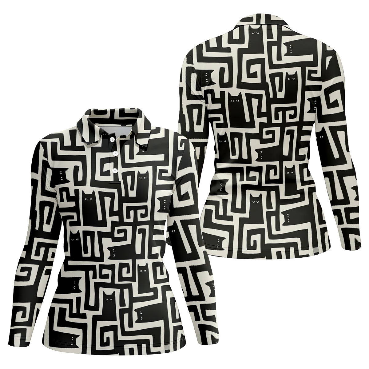 Minimalist Black Cat Maze Pattern Golf Polo Shirt, Women's Golf Tops, Golf Polo For Women