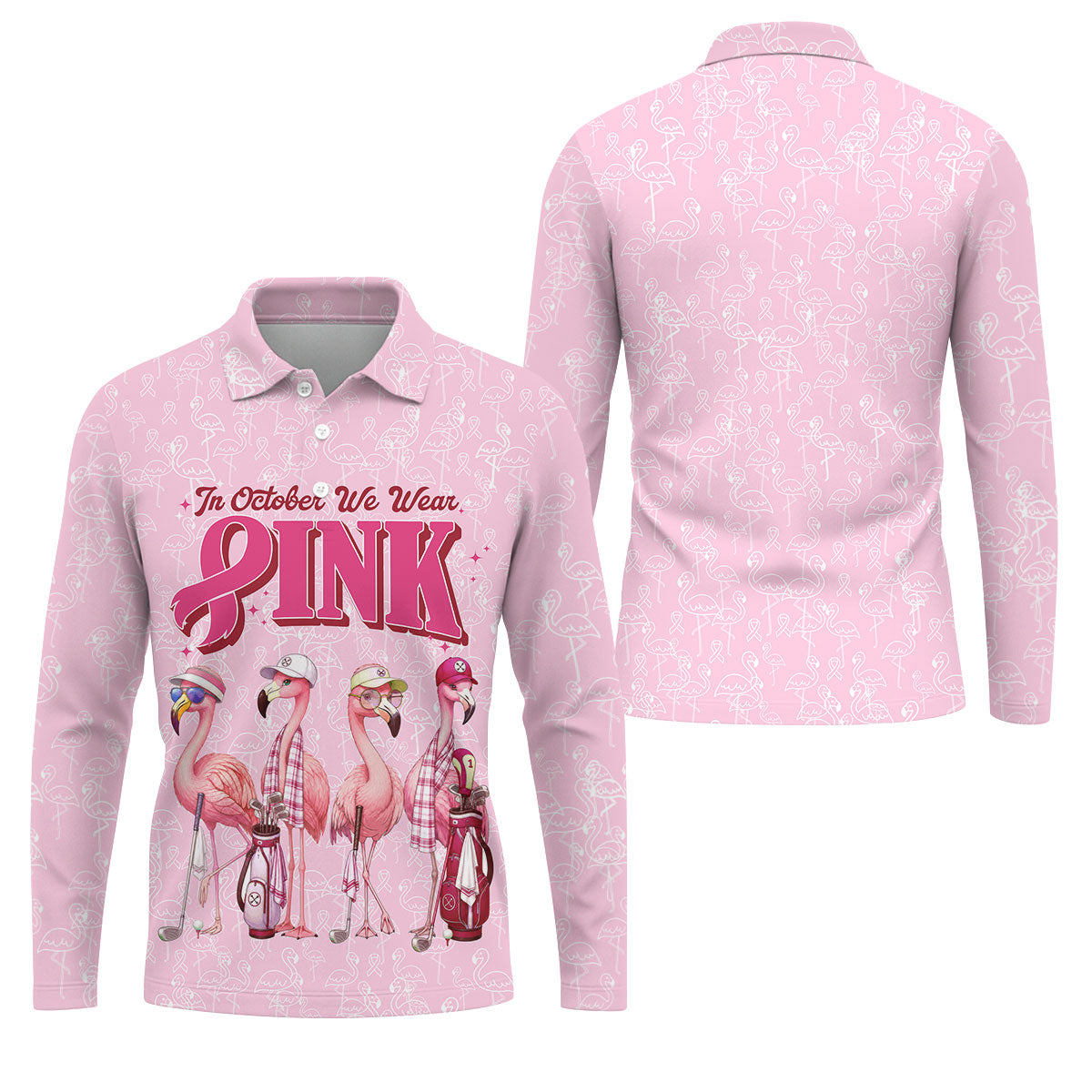 In October We Wear Pink Flamingo Breast Cancer Polo, Golf Shirts For Men, Mens Golf Polo
