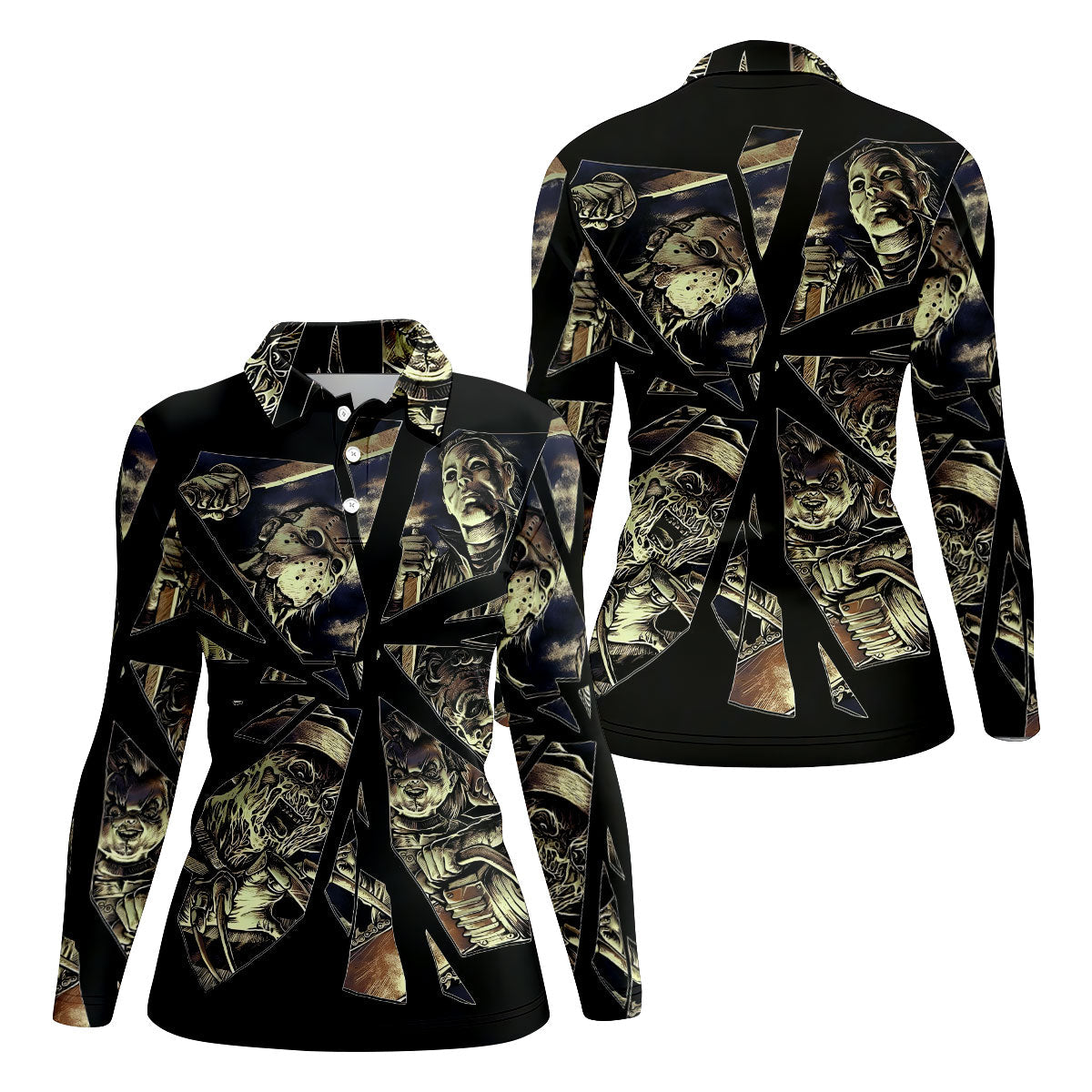 Broken Glass Horror Character Collage Golf Polo Shirt, Womens Golf Polo, Ladies Golf Shirts