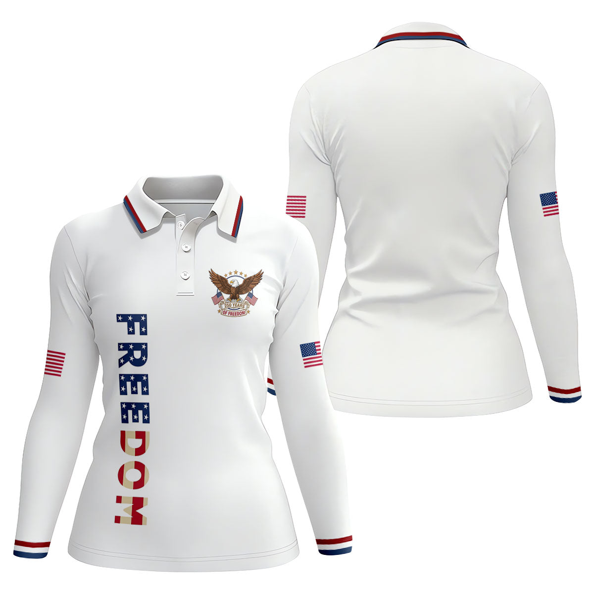 250 Years Of Freedom US Flag Logo White Golf Shirt, Patriotic 4th Of July Golf Shirt For Women