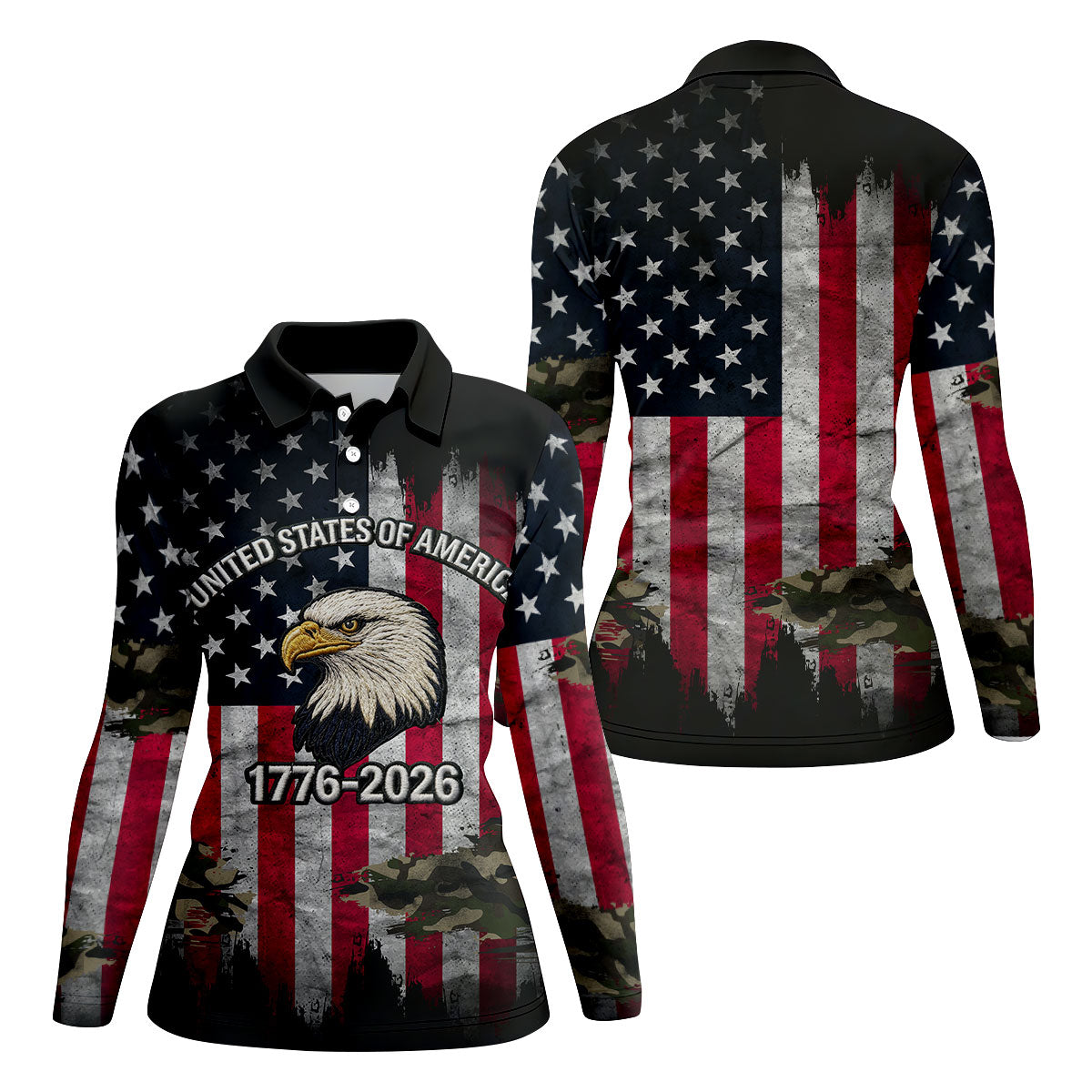 USA Bald Eagle 250 Years Camo American Flag Golf Shirt, Patriotic 4th Of July Golf Shirt For Women