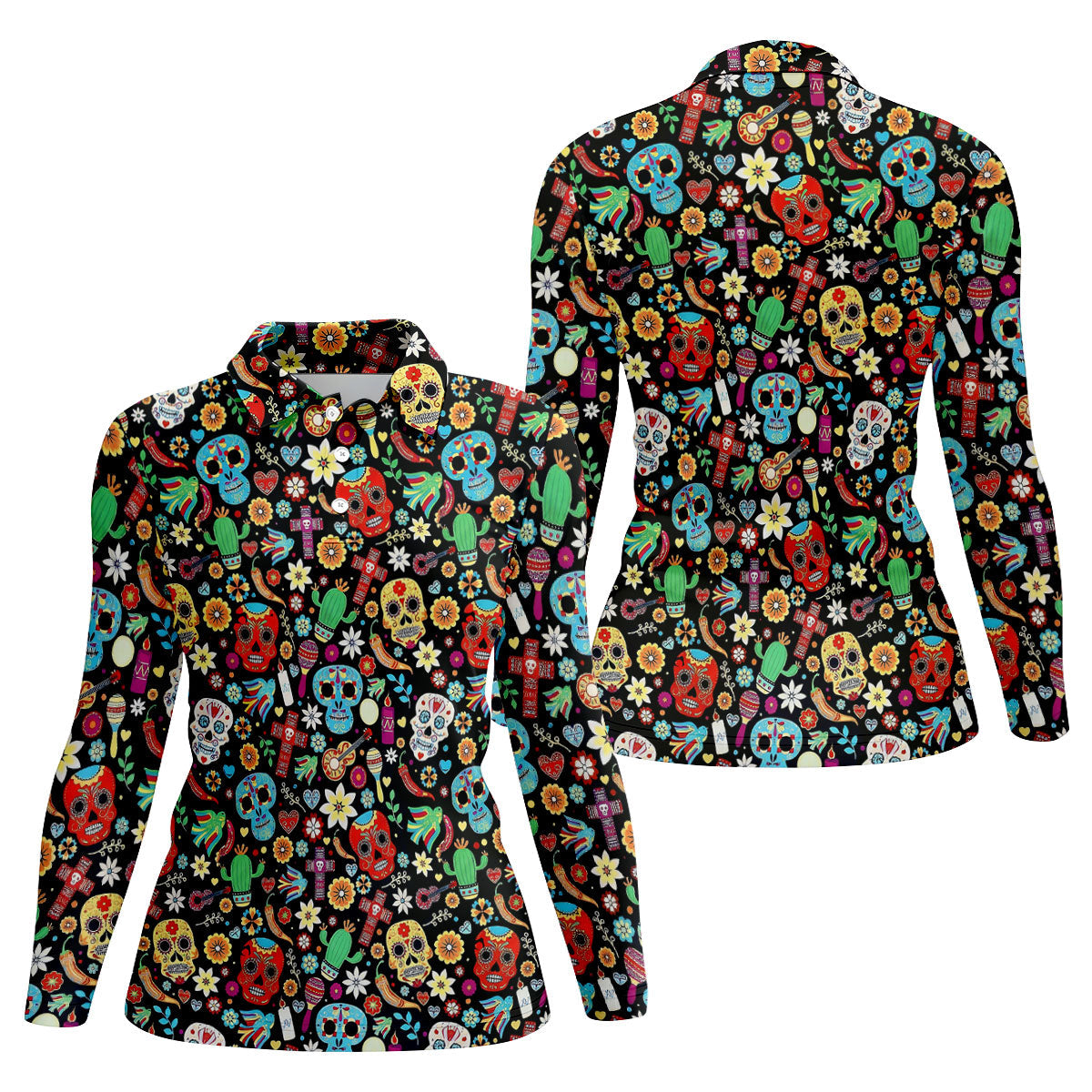 Skull With Flowers Cinco De Mayo Celebration Fiesta Themed Ladies Golf Tops, Golf Shirt For Women