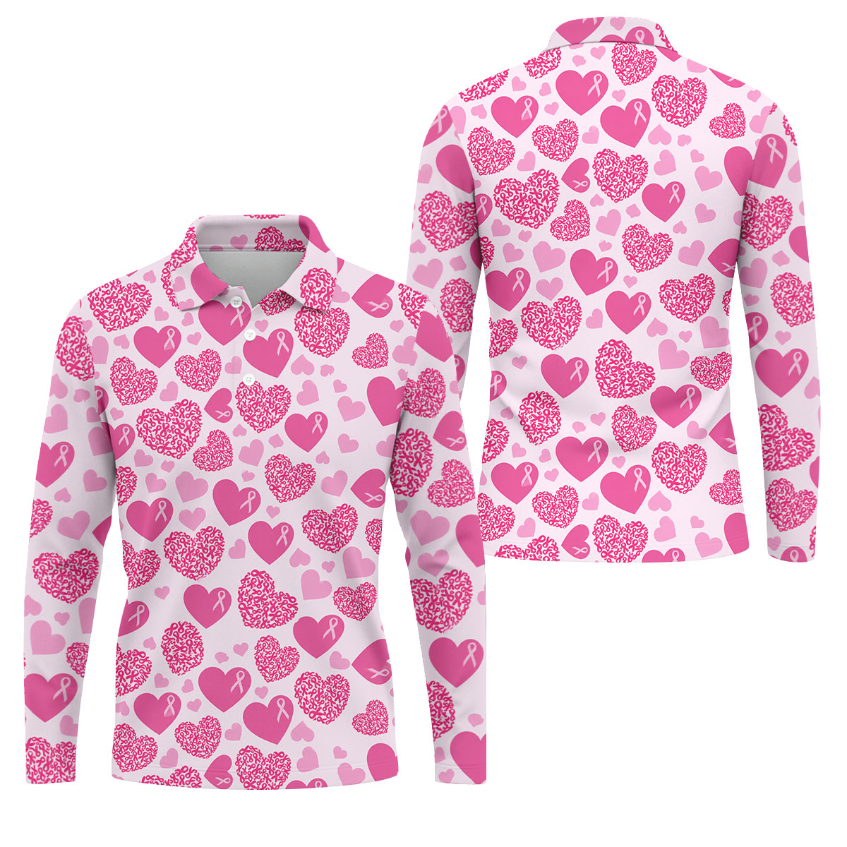 Pink Ribbon Heart Pattern Breast Cancer Polo Shirt, Golf Shirts For Men, Mens Golf Apparel