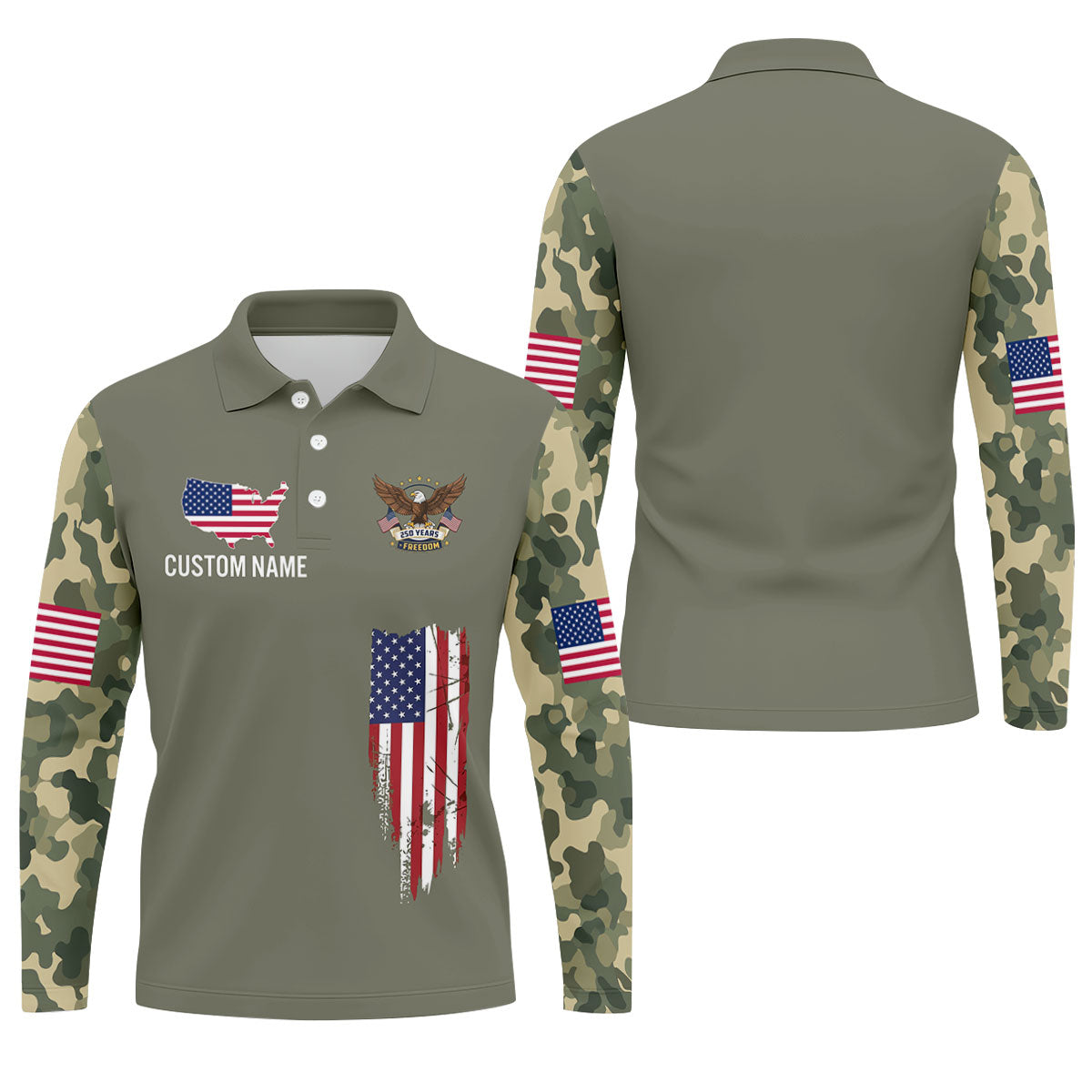 250 Years Freedom Eagle American Flag Camo Golf Shirt, Patriotic 4th Of July Golf Shirts For Men