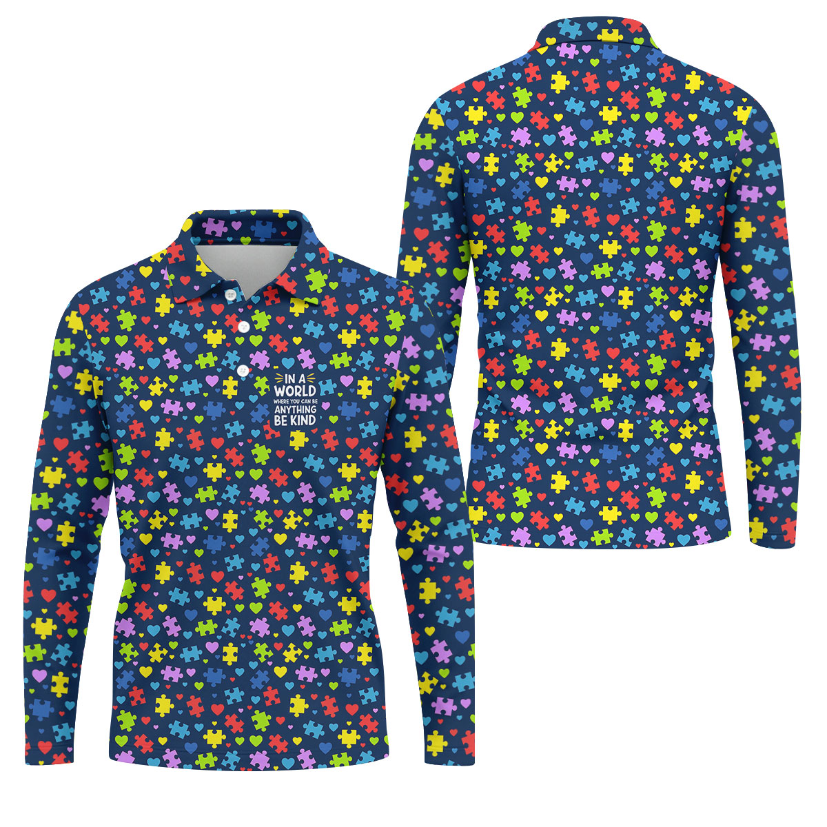 In A World Where You Can Be Anything Be Kind Autism Awareness Puzzle Pattern Navy Golf Shirt, Polo Shirts For Men
