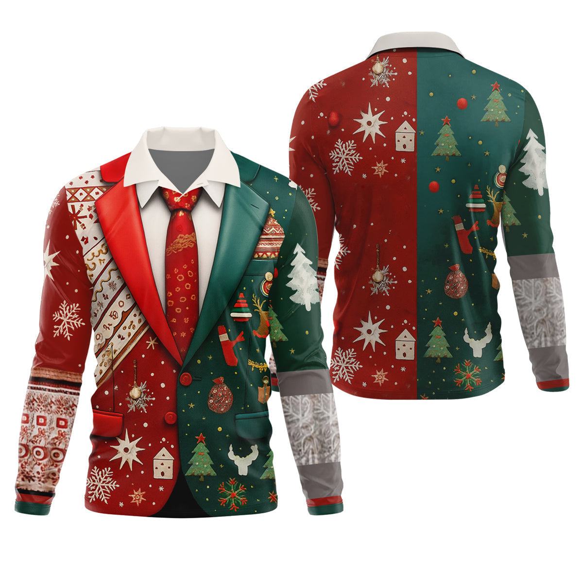 Red And Green Xmas Vintage Prints Men's Golf Polo Shirts, Christmas Golf Shirt, Golf Gift For Men