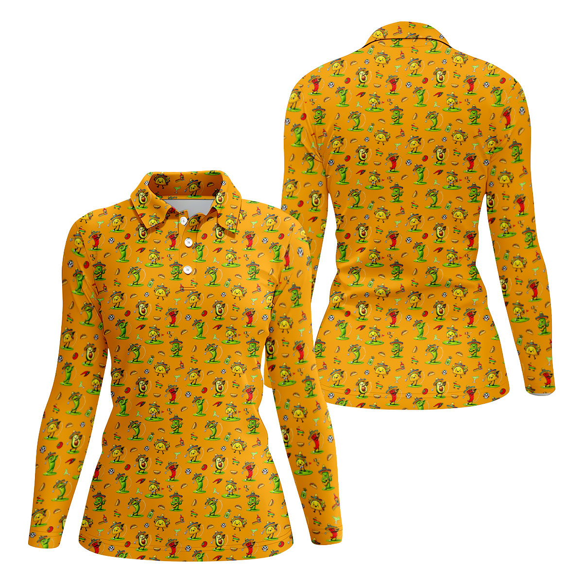 Mexican Cartoon Food Characters Cinco De Mayo Celebration Fiesta Themed Orange Golf Shirt For Women