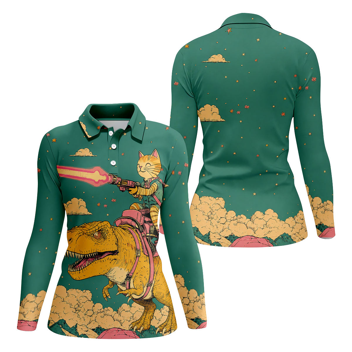 Laser Cat Dinosaur Golf Shirt, Retro Sci Fi T Rex Adventure Pattern, Golf Shirt For Women