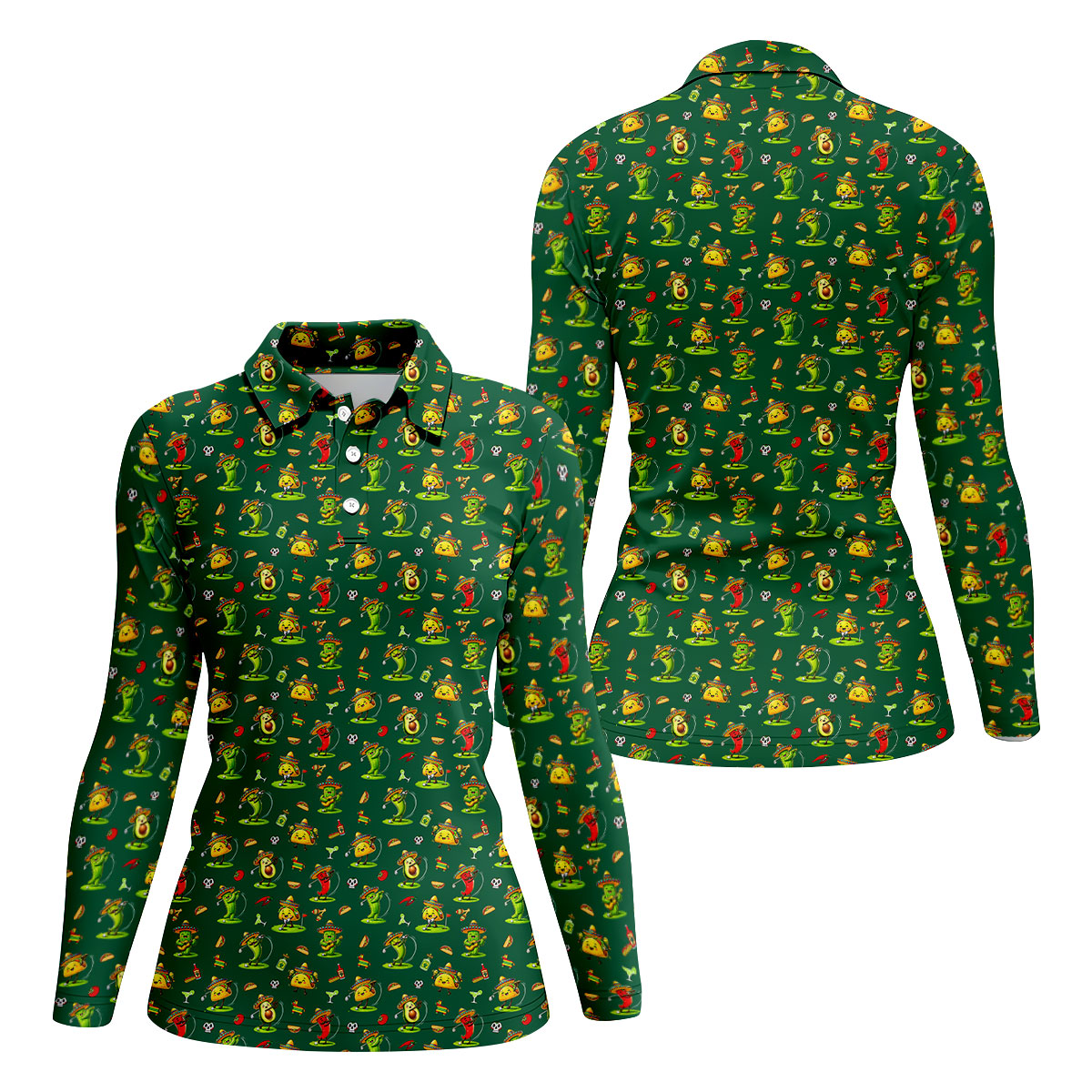 Mexican Cartoon Food Characters Cinco De Mayo Celebration Fiesta Themed Green Golf Shirt For Women