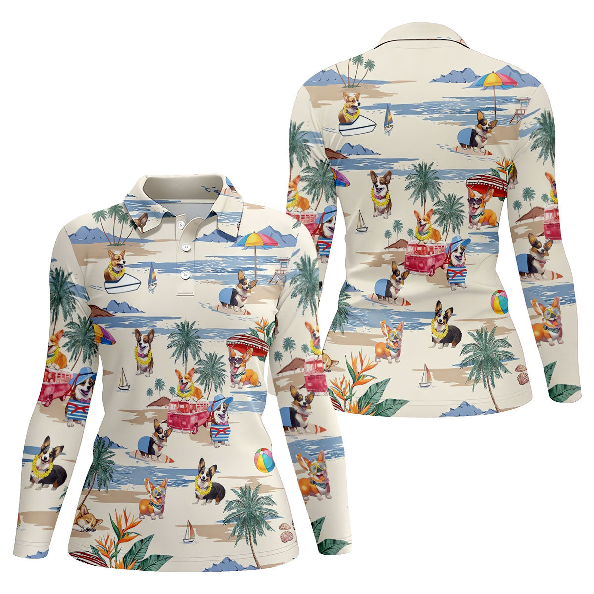 Cute Corgi Beach Vacation Golf Polo Shirt, Golf Shirts For Women, Ladies Golf Tops