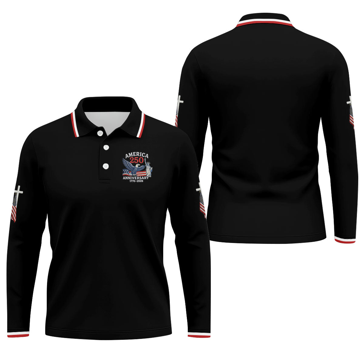 Faith Cross Bald Eagle America 250 Anniversary Black Patriotic Golf Shirt, Golf Shirts For Men
