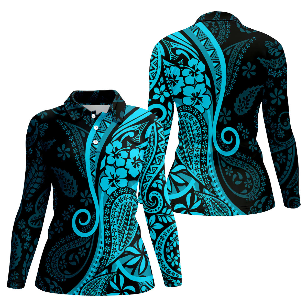 Island Tribal Golf Shirt, Blue Hawaiian Hibiscus Polo, Polo Shirts For Women