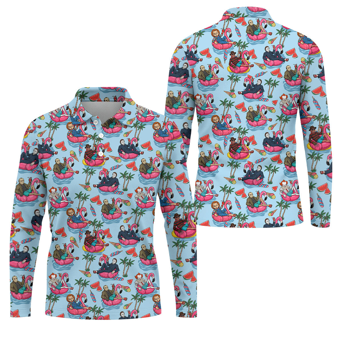 Retro Horror Character Villains Floating On Flamingo Pool Floats Golf Polo Shirt, Mens Golf Polo, Printed Golf Shirts