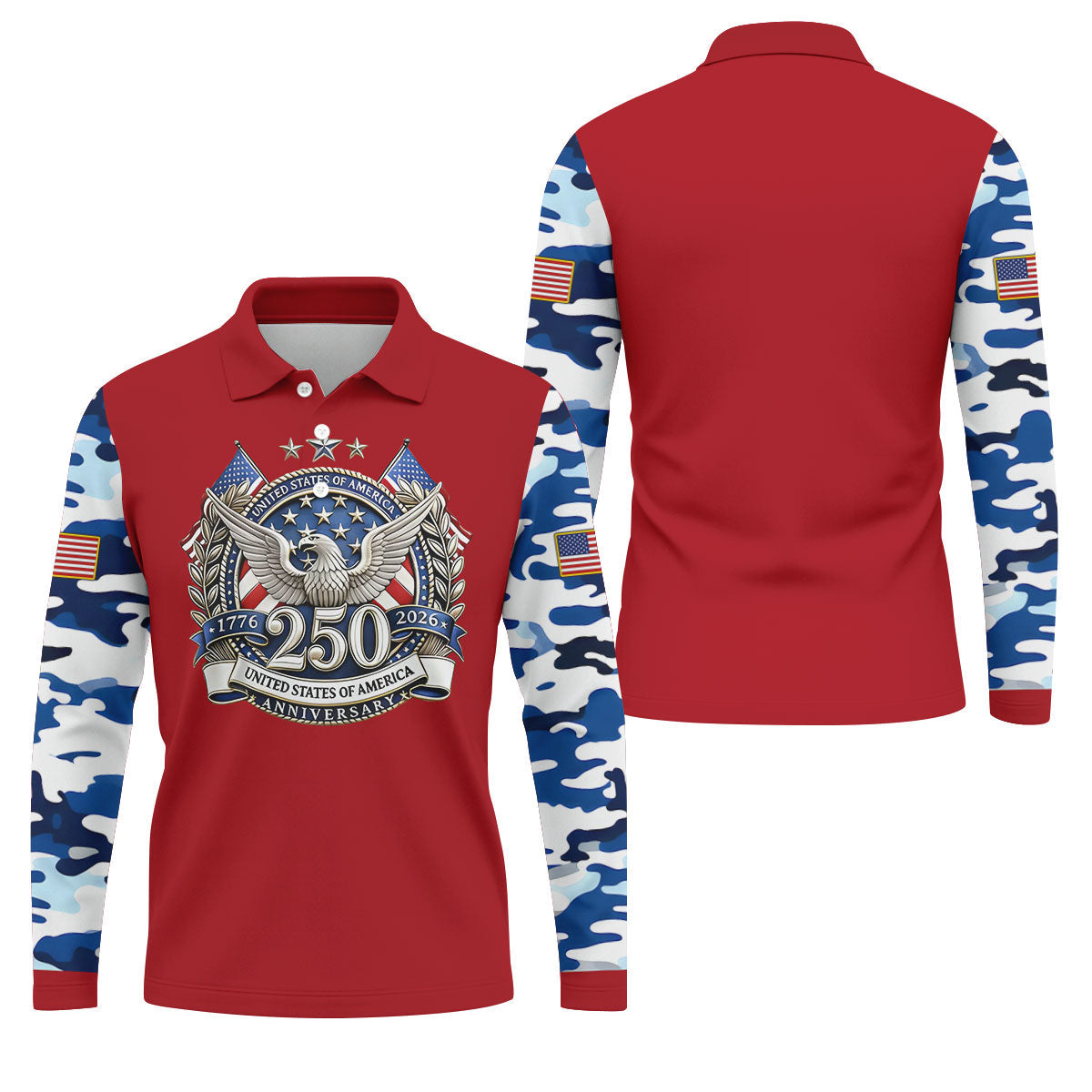 Patriotic Bald Eagle Blue And White Camo Red Golf Shirt, 250th Anniversary Golf Shirts For Men