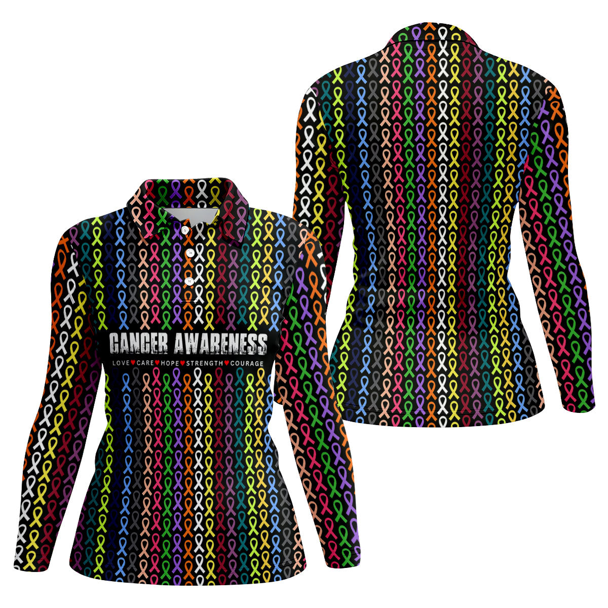 Multicolor Ribbon Cancer Awareness Polo Shirt, Womens Golf Tops, Women's Golf Apparel