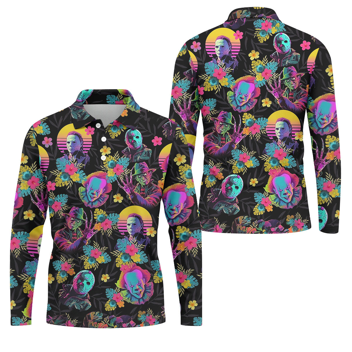 Neon Floral Halloween Horror Character Hawaiian Golf Shirt, Men's Golf Shirt, Mens Golf Polo