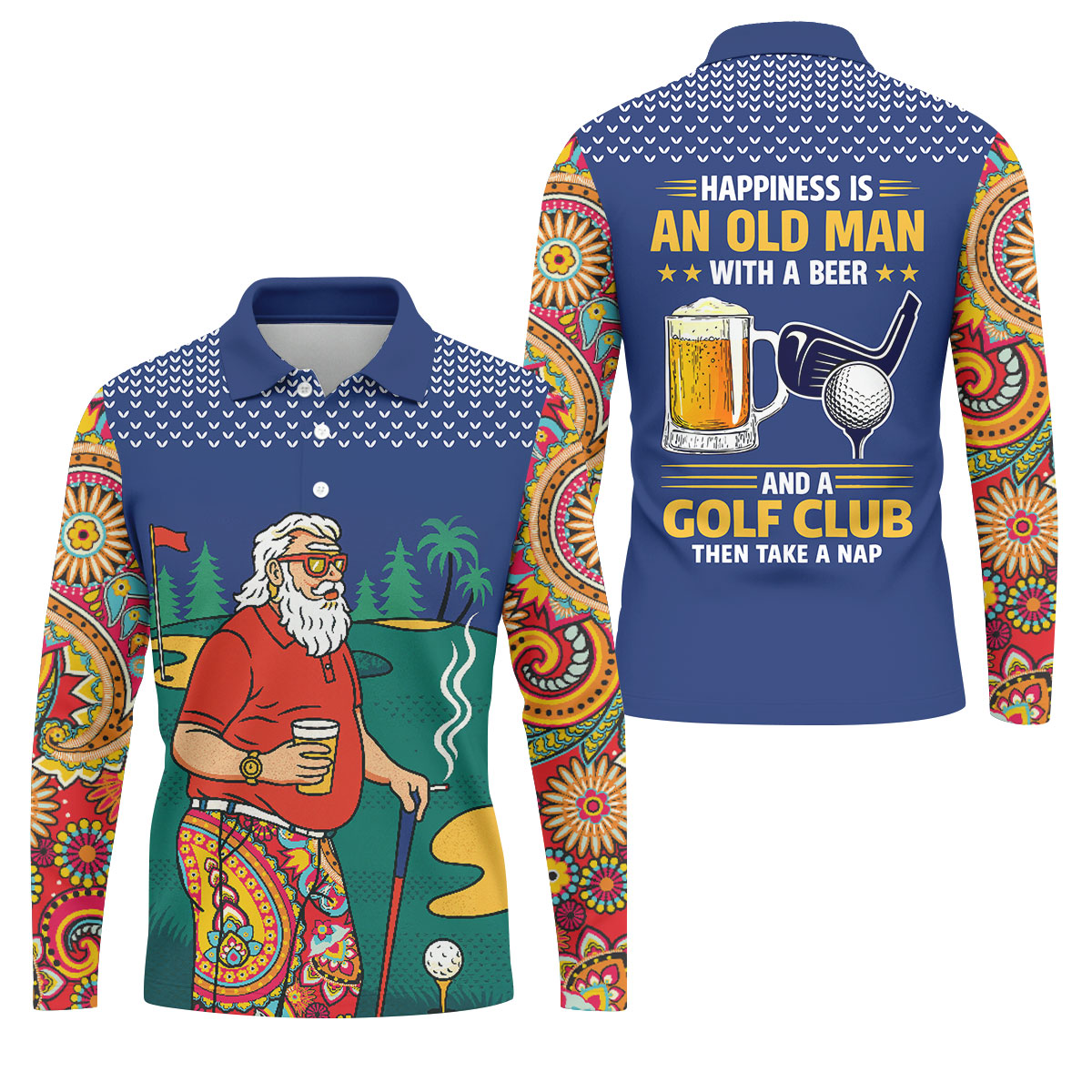 Retro Bearded Golfer Holding Beer Golf Polo Shirt, Mens Golf Shirts, Printed Golf Shirts