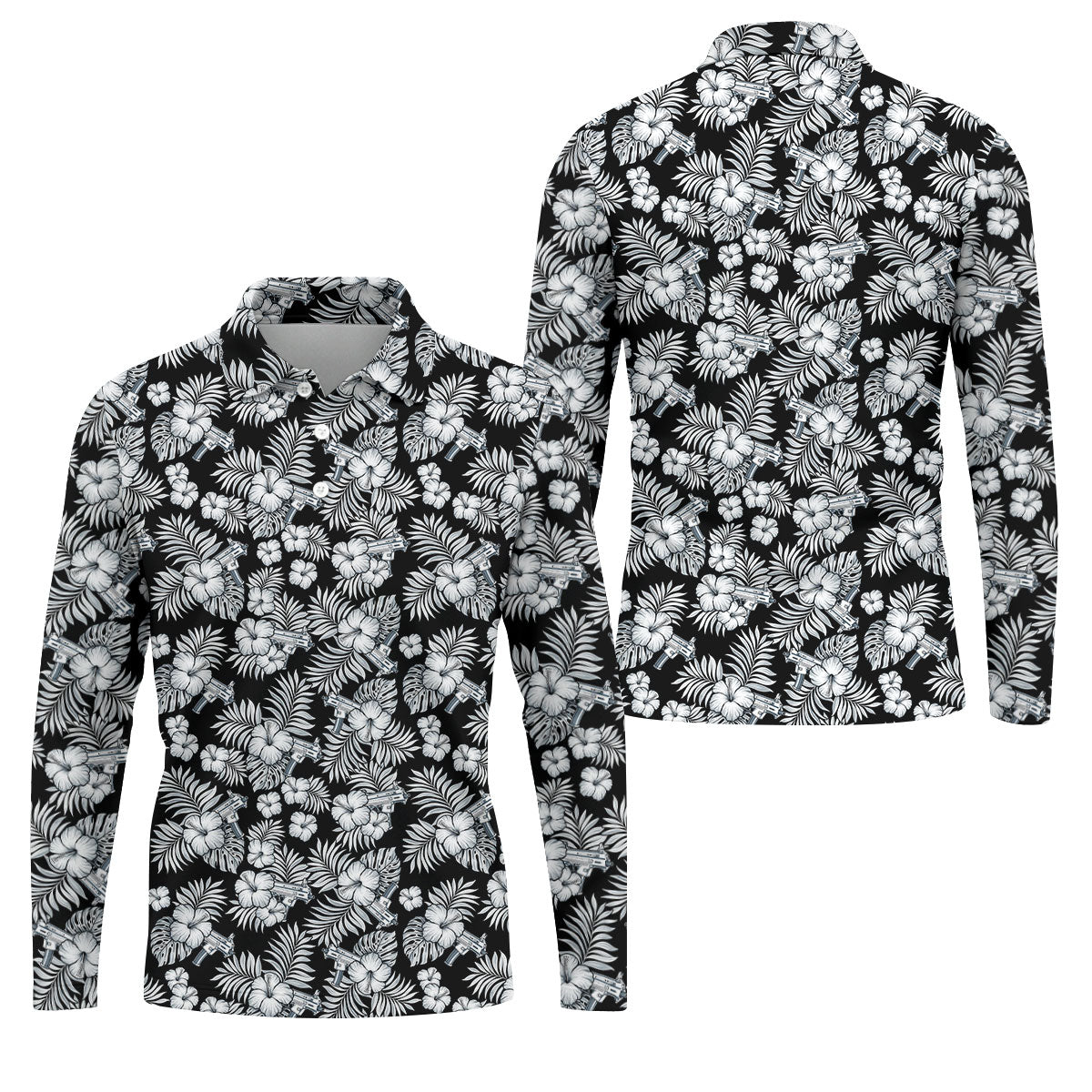 Black And White Pattern Tropical Hawaiian Golf Shirt, Summer Theme Golf Shirts For Men
