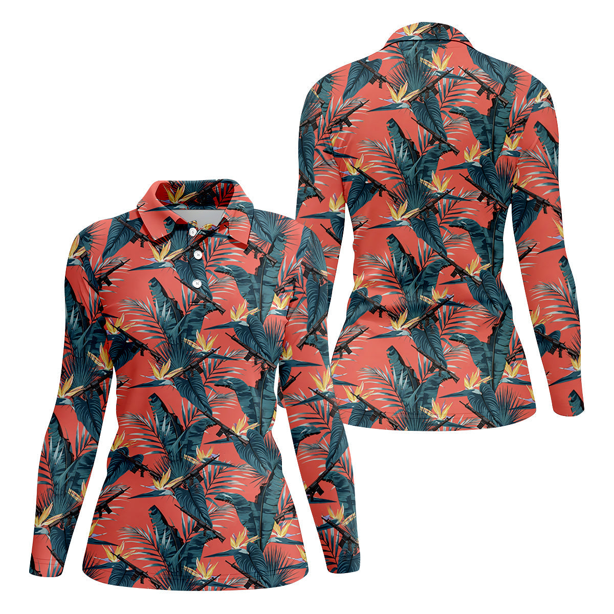 Tropical Palm Leaf And Rifle Pattern Coral Golf Polo, Women’s Golf Apparel, Performance Golf Shirt