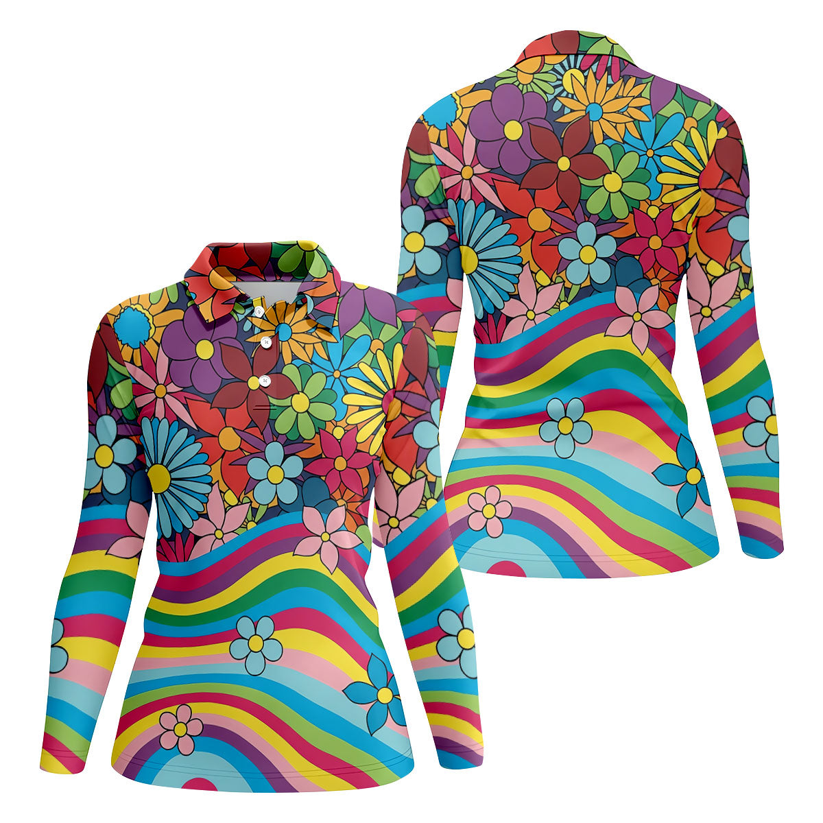 Retro Rainbow Floral Hippie Hawaiian Golf Shirt, Golf Shirts For Women, Women’s Golf Apparel