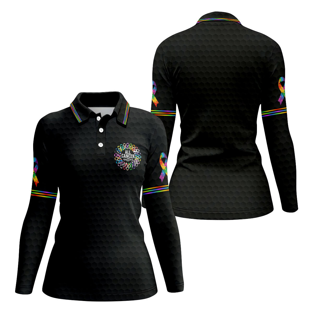 All Cancer Matters Multicolor Ribbon Golf Polo Shirt, Womens Golf Tops, Golf Shirts For Women