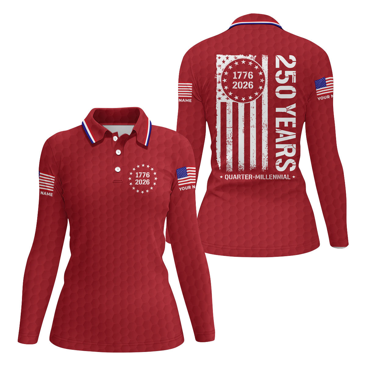 250 Years Quarter Millennnial Golf Ball Pattern Red Patriotic Golf Shirt, 4th Of July Golf Shirt For Women