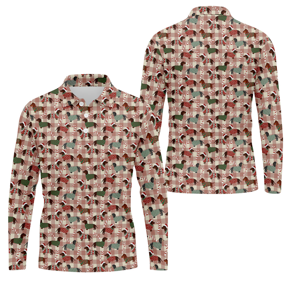 Christmas Dachshund Pink Checkered Golf Tops For Men, Christmas Golf Shirt, Polo Shirts For Men