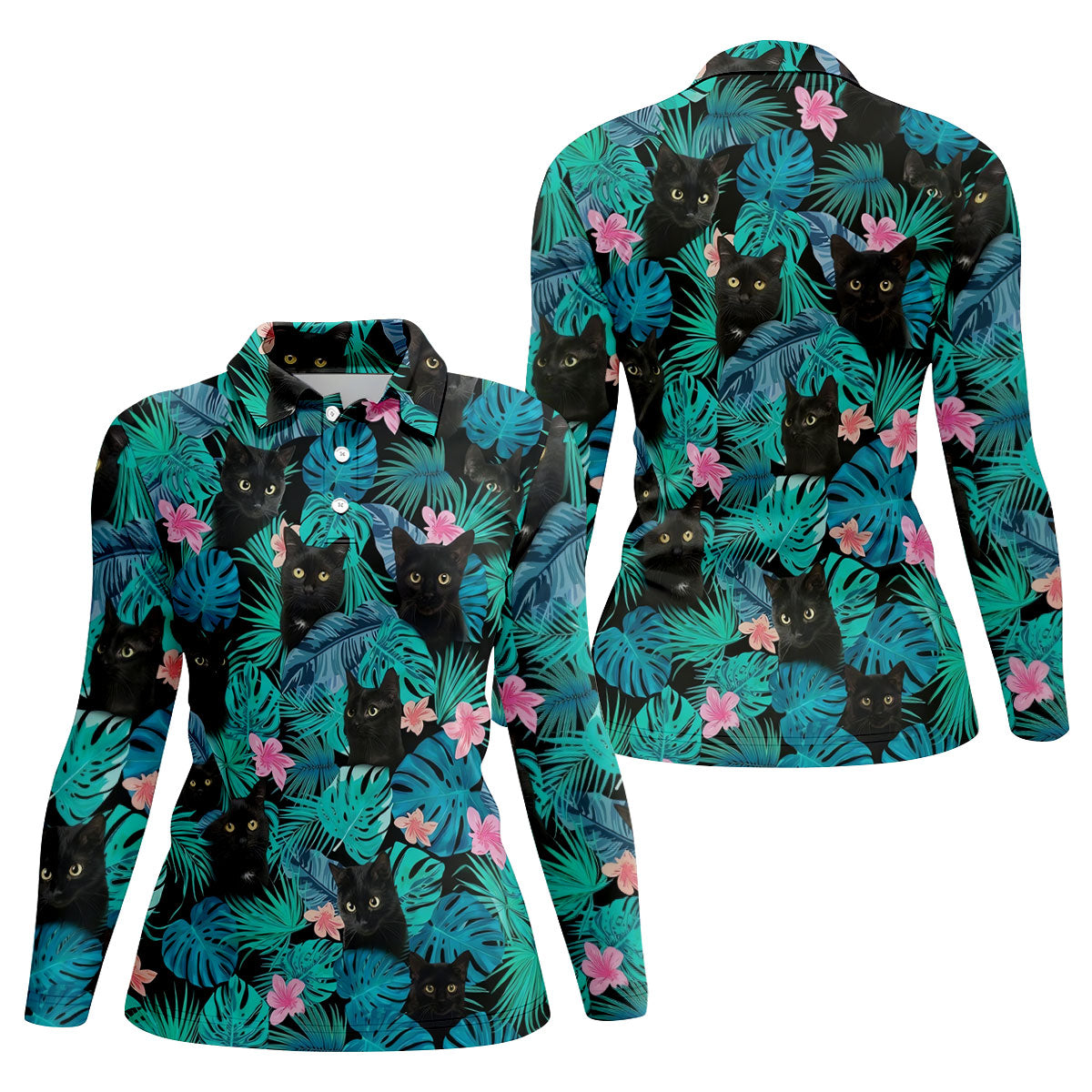 Black Cat Tropical Monstera Hawaiian Golf Polo Shirt, Golf Shirts For Women, Women's Golf Apparel